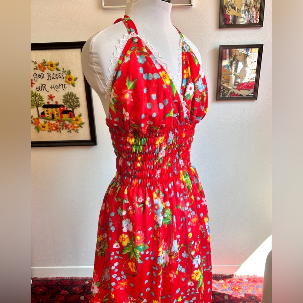Vintage 70s Red Floral Maxi Dress with Multicolor Flowers - Picture 3 of 9